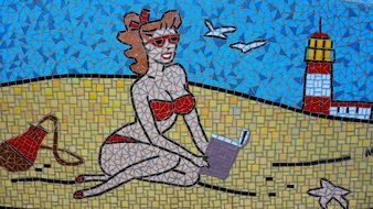 mosaic girl on beach drawing