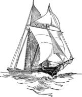 sailboat at ocean, black and white illustration