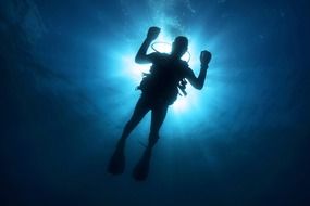 Silhouette of the diver in the water