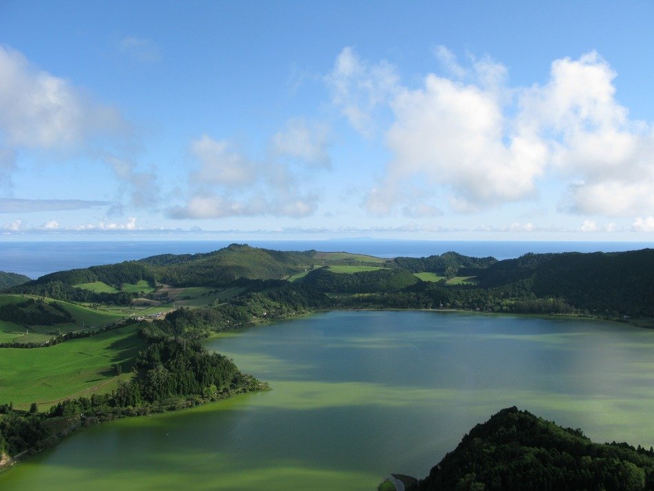 panorama of the green lake on the Azores