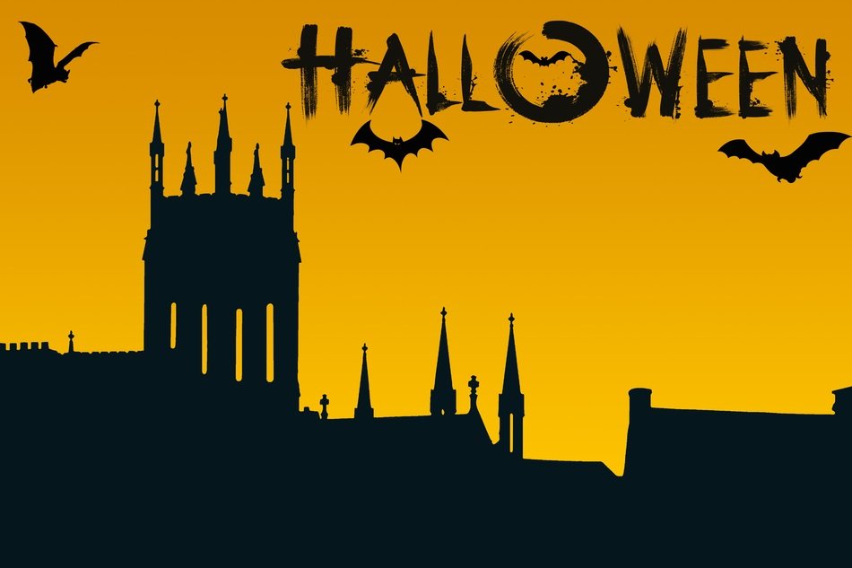 Halloween card with a huge fortress on it