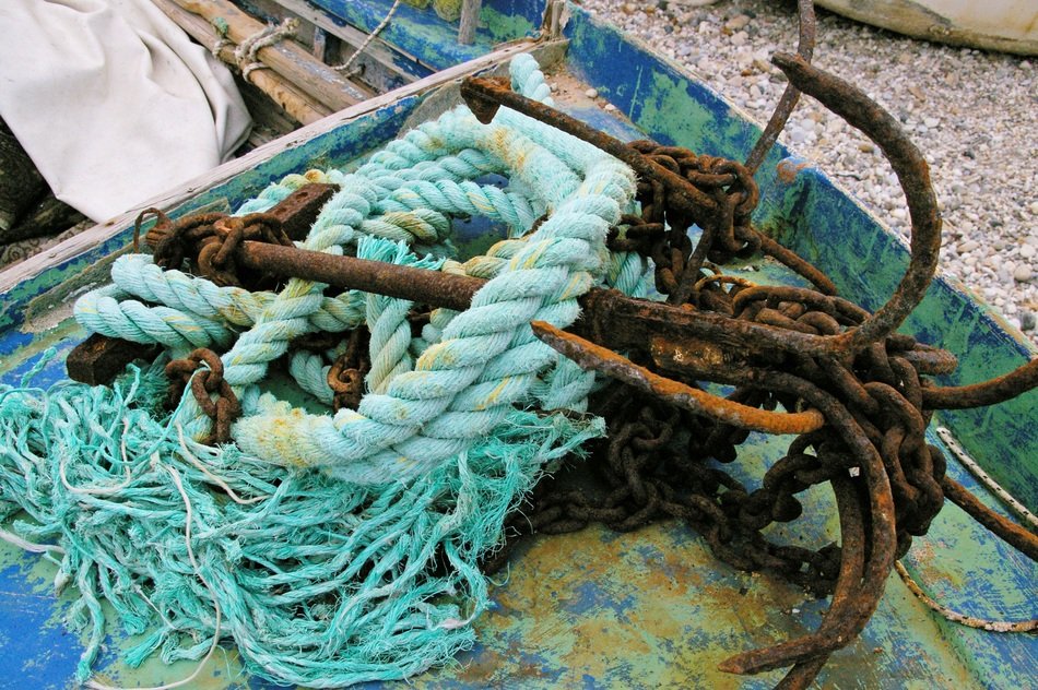 Anchor and ropes on a fishing boat