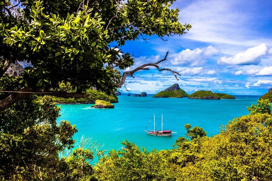 panorama of the ship in the turquoise harbor of Thailand