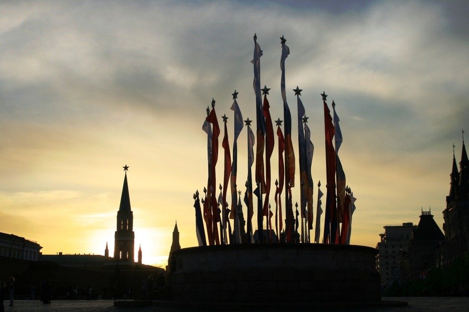silhouettes of the red square at dusk