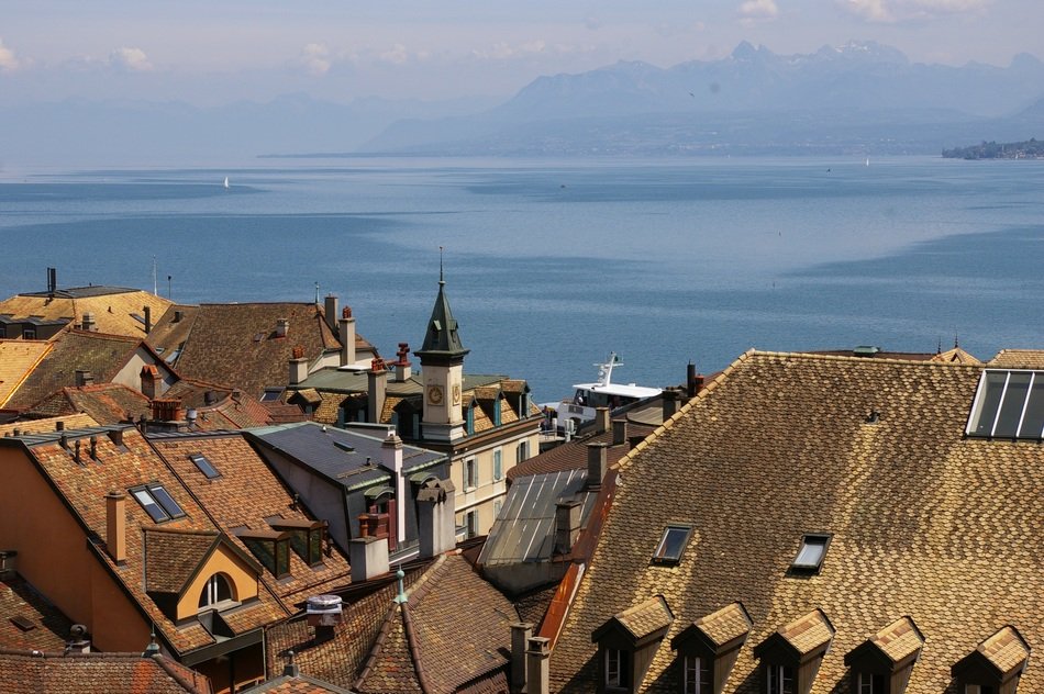 view over rooftops home on the shore in Geneva, Switzerland