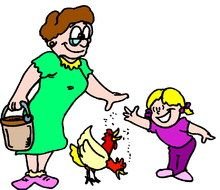 picture of mother with baby feed chickens
