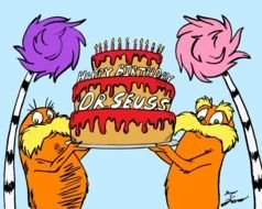 two cartoon characters holding a cake for Dr. Seuss