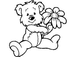 black and white picture of a teddy bear with a camomile