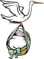 drawing of a stork delivering a baby