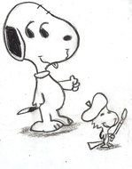 black and white picture of Snoopy and Woodstock