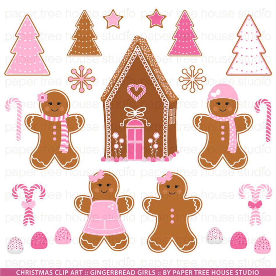 Clip Art Set Pink Gingerbread Girls House Candy And