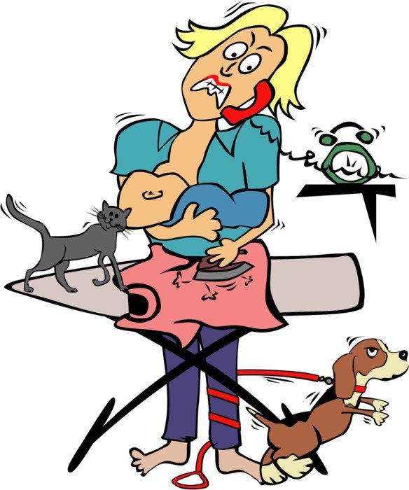cartoon woman doing lot of things simultaneously