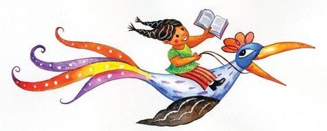 graphic illustration of little girl with a book on a colorful bird