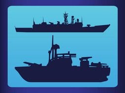 two silhouettes of warships on a blue background