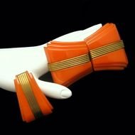 Art Deco Carved Orange Bakelite Brass Vintage Belt Buckle Dress Clip
