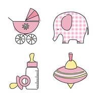 painted baby bottle, stroller, yule and pink elephant