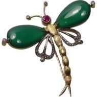 Vintage 18k Diamond Chrysoprase Ruby Dragonfly Clip