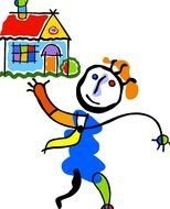 colorful drawing, person at house