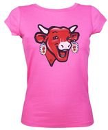 Smiling Cow, print on pink t-shirt