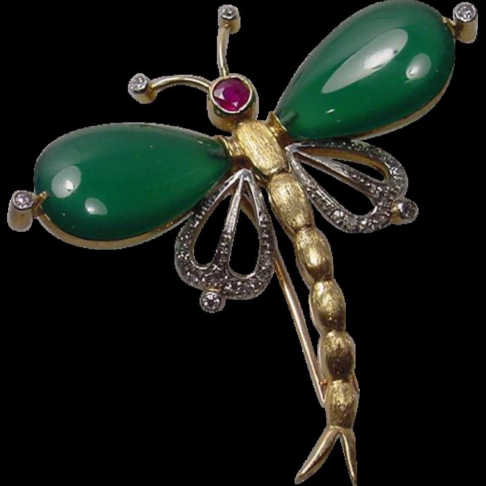 Vintage 18k Diamond Chrysoprase Ruby Dragonfly Clip