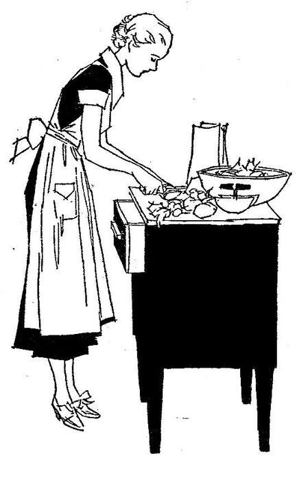 black and white drawing of a girl while cooking