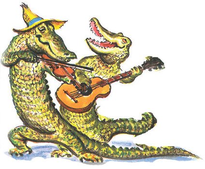 two fabulous crocodiles play musical instruments