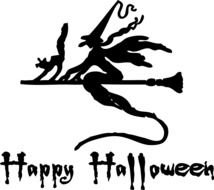 witch and cat riding broom, halloween greeting