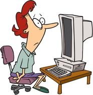 cartoon woman looking at monitor of old computer