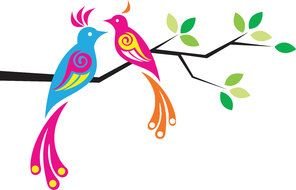 two colorful birds on a branch as a picture for clipart