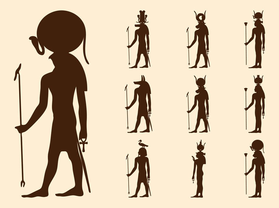 silhouettes of egyptian gods on a pink background