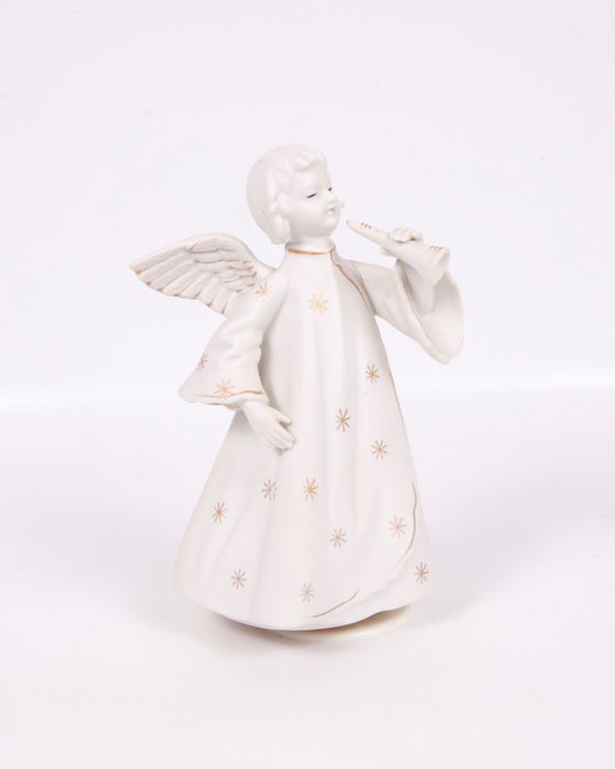 Angel Music Box Schmid Bros Japan Porcelain Silent Night Ivory Gold