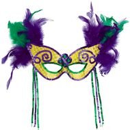 mask with purple and green feathers