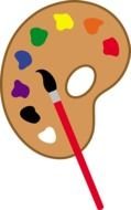 painted palette of paints and brush on a white background
