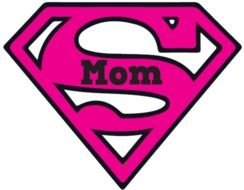 pink super mom logo on a white background