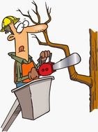 cartoon worker on a tower sawing a tree branch