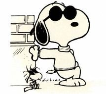 Snoopy in black glasses at wall, drawing