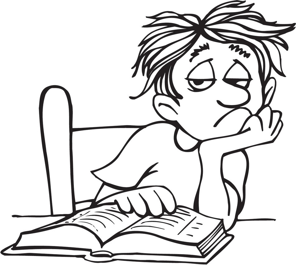 man with frustration face at open book, drawing