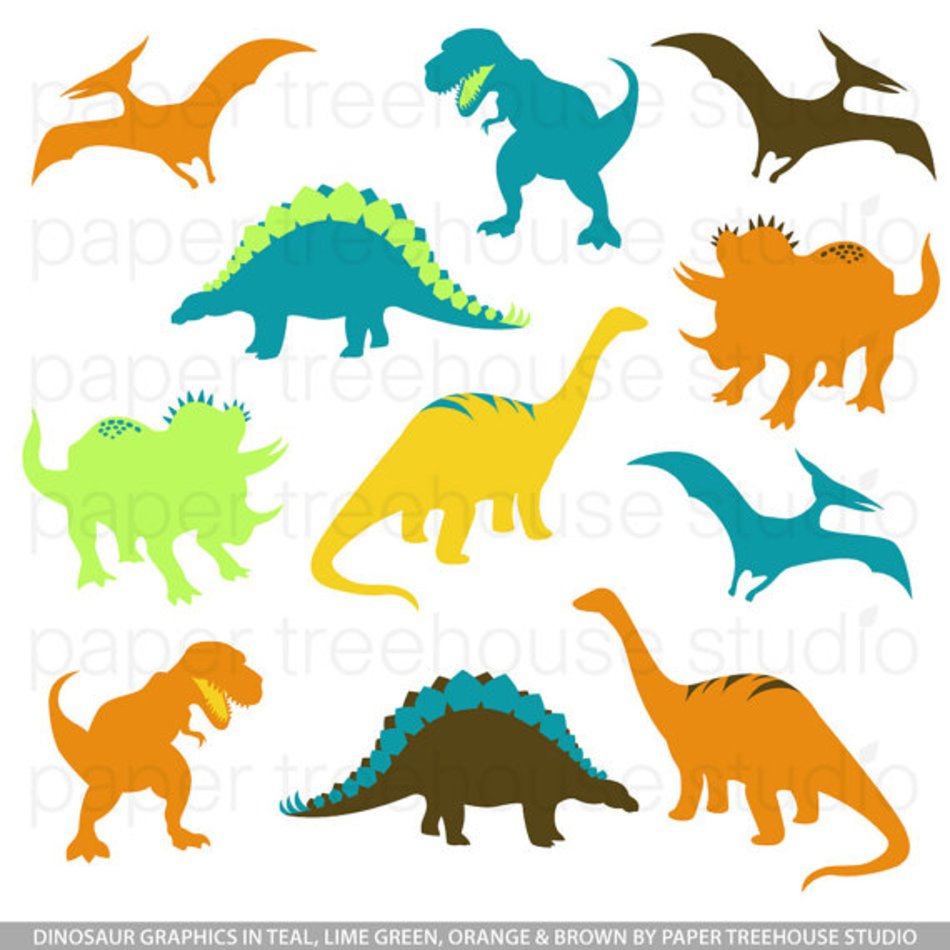 Clip Art Set Dinosaurs Trex Brontosaurus Teal Lime Yellow