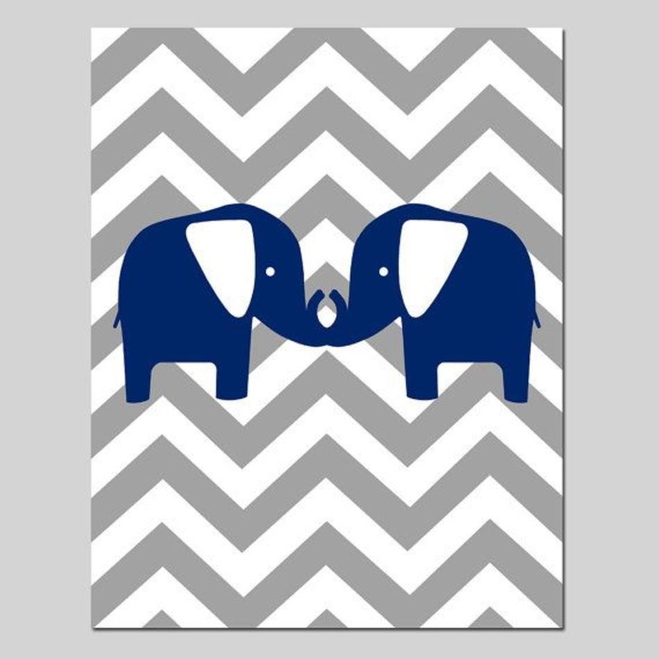 11x14 Chevron Elephants Nursery Art Print Kids Wall Navy Blue