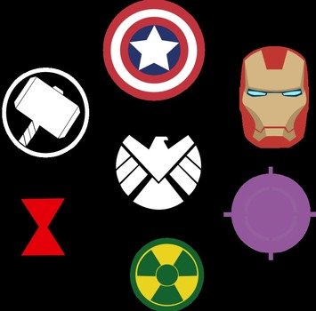 superhero logos on a black background