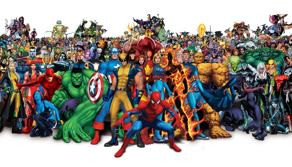 painted crowd of marvel superheroes