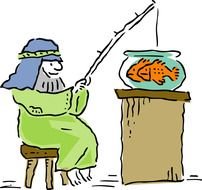 painted man fishes in an aquarium