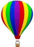 rainbow colored striped hot air balloon with basket, drawing