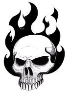 Black and white drawing of the flaming skull clipart
