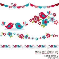 Clip Art Red And Blue Song Birds Blossoms Borders Commercial