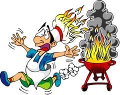 clipart of a cook running from a burning grill