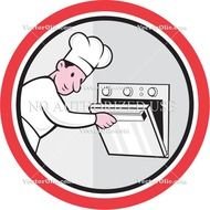 Chef Cook Baker Opening Oven Circle Cartoon Stock Illustration