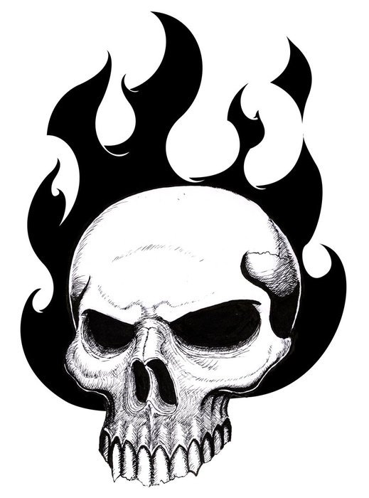 Black and white drawing of the flaming skull clipart
