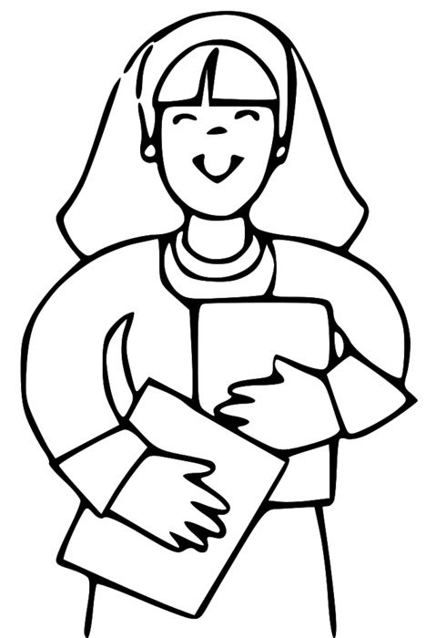 black and white drawing of a woman with folders in hands