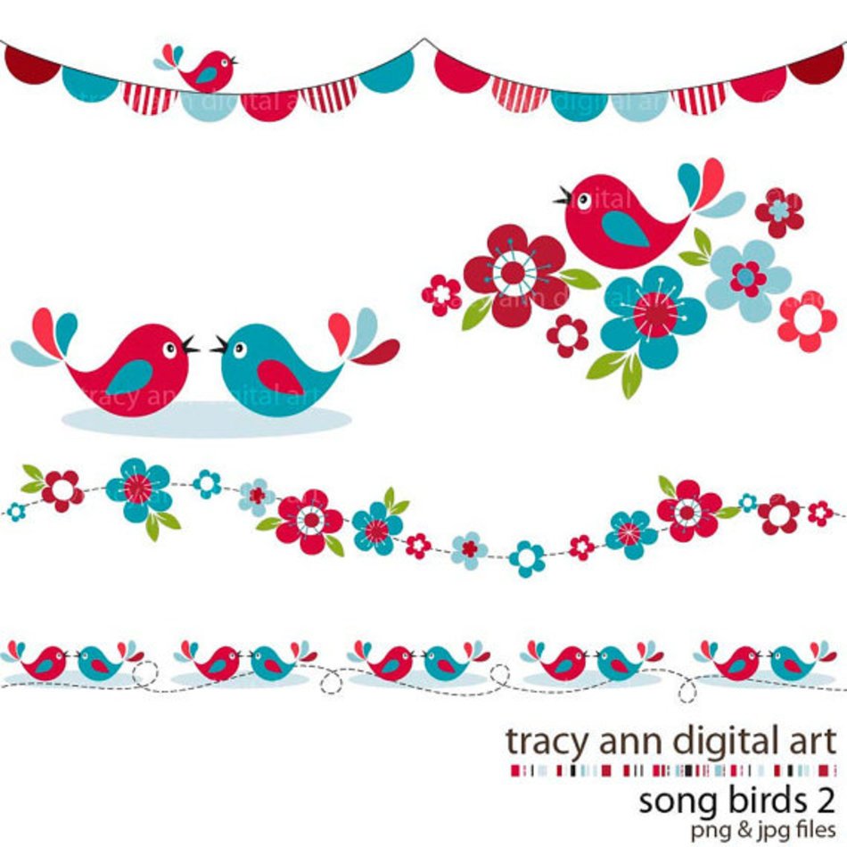 Clip Art Red And Blue Song Birds Blossoms Borders Commercial